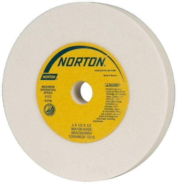 Norton - 100 Grit Aluminum Oxide Type 1 Internal Grinding Wheel - 4" Diam x 1/2" Hole x 1/2" Thick, 8,120 Max RPM, Type 1 Fine Grade, K Hardness, Vitrified Bond, No Recess - Apex Tool & Supply