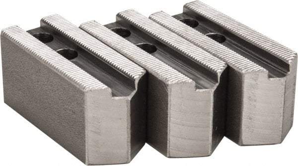 H & R Manufacturing - 1.5mm x 60° Serrated Attachment, Square Soft Lathe Chuck Jaw - 3 Jaws, Steel, 0.787" Btw Mount Hole Ctrs, 3-1/8" Long x 1-1/4" Wide x 1-1/2" High, 0.472" Groove, 10mm Fastener - Apex Tool & Supply