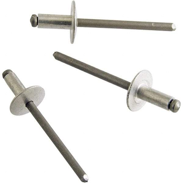 STANLEY Engineered Fastening - Size 4 Large Flange Head Aluminum Open End Blind Rivet - Aluminum Mandrel, 0.063" to 1/8" Grip, 1/8" Head Diam, 0.129" to 0.133" Hole Diam, 0.078" Body Diam - Apex Tool & Supply
