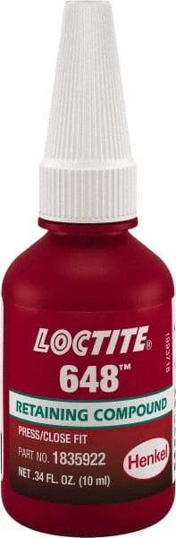 Loctite - 10 mL, Green, High Strength Gel Retaining Compound - Series 648, 24 hr Full Cure Time - Apex Tool & Supply