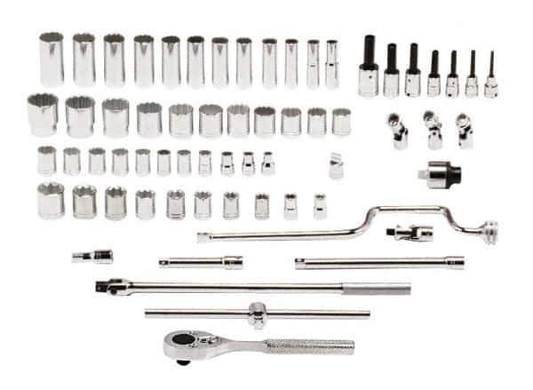 Proto - 65 Piece 1/2" Drive Standard Deep Socket Set - 8 & 12 Points, 3/8 to 1-1/2", Inch Measurement Standard - Apex Tool & Supply