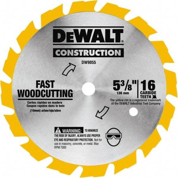 DeWALT - 5-3/8" Diam, 0.3937" Arbor Hole Diam, 16 Tooth Wet & Dry Cut Saw Blade - Tungsten Carbide-Tipped, Fast Cutting Action, Diamond Arbor - Apex Tool & Supply