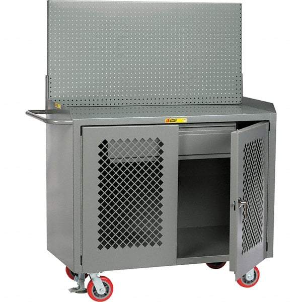 Little Giant - 3,600 Lb Capacity, 2 Shelf, 1 Drawer, 2 Door Mobile Bench Cabinet with Pegboard Panel - 41" Wide x 24" Deep x 43" High, Steel, Gray - Apex Tool & Supply