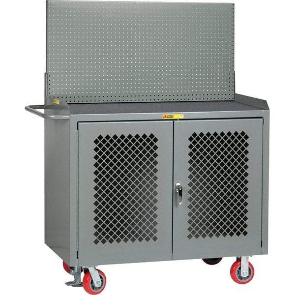 Little Giant - 3,600 Lb Capacity, 2 Shelf, 2 Door Mobile Bench Cabinet with Pegboard Panel - 53" Wide x 24" Deep x 43" High, Steel, Gray - Apex Tool & Supply
