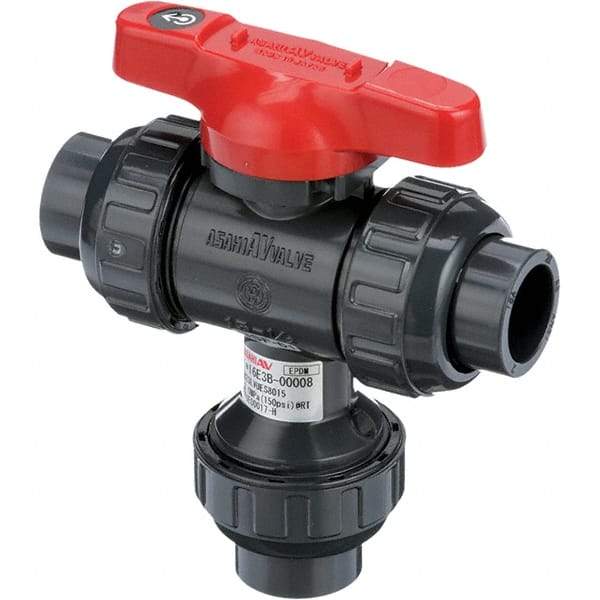 Asahi/America - 1-1/2" Pipe, Full Port, PVC Multiport Ball Valve - Three Way, Socket Ends, Tee Handle - Apex Tool & Supply