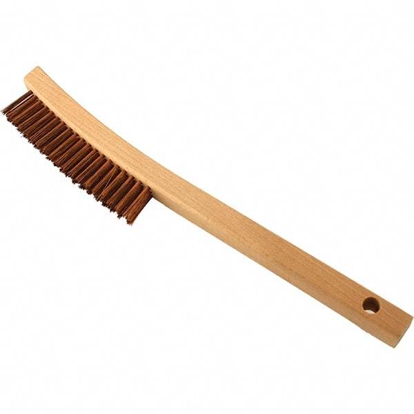 Brush Research Mfg. - 3 Rows x 19 Columns Bronze Scratch Brush - 5-3/4" Brush Length, 13-3/4" OAL, 1-1/8 Trim Length, Wood Curved Back Handle - Apex Tool & Supply