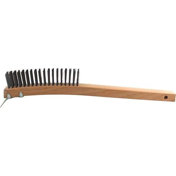 Brush Research Mfg. - 4 Rows x 19 Columns Steel Scratch Brush - 5-3/4" Brush Length, 14" OAL, 1-1/8 Trim Length, Wood Curved Back Handle - Apex Tool & Supply