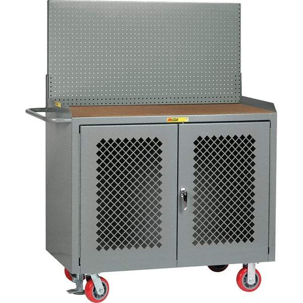 Little Giant - 3,600 Lb Capacity, 2 Shelf, 2 Door Mobile Bench Cabinet with Pegboard Panel - 41" Wide x 24" Deep x 43" High, Steel, Gray - Apex Tool & Supply