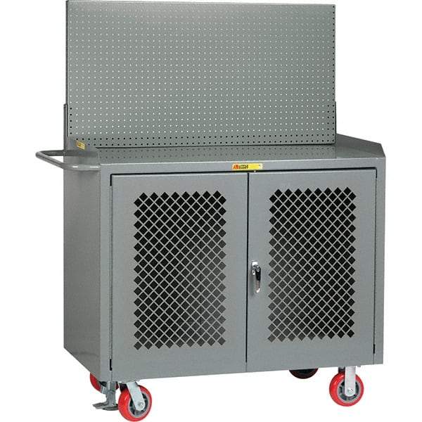 Little Giant - 3,600 Lb Capacity, 2 Shelf, 2 Door Mobile Bench Cabinet with Pegboard Panel - 53" Wide x 24" Deep x 43" High, Steel, Gray - Apex Tool & Supply