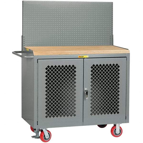 Little Giant - 3,600 Lb Capacity, 2 Shelf, 2 Door Mobile Bench Cabinet with Pegboard Panel - 41" Wide x 24" Deep x 43" High, Steel, Gray - Apex Tool & Supply