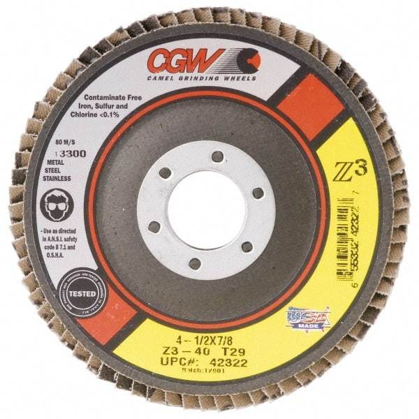 Camel Grinding Wheels - 60 Grit, 7" Disc Diam, 5/8-11 Center Hole, Type 29 Zirconia Alumina Flap Disc - 8,600 Max RPM, Poly Cotton Backing, Arbor Attaching System, Coated - Apex Tool & Supply