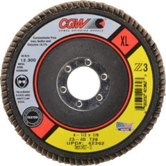 Camel Grinding Wheels - 40 Grit, 4-1/2" Disc Diam, 7/8" Center Hole, Type 29 Zirconia Alumina Flap Disc - 13,300 Max RPM, Poly Cotton Backing, Arbor Attaching System, Coated - Apex Tool & Supply