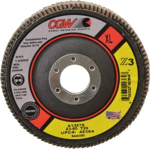 Camel Grinding Wheels - 60 Grit, 4-1/2" Disc Diam, 7/8" Center Hole, Type 29 Zirconia Alumina Flap Disc - 13,300 Max RPM, Poly Cotton Backing, Arbor Attaching System, Coated - Apex Tool & Supply