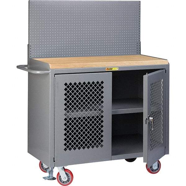 Little Giant - 3,600 Lb Capacity, 3 Shelf, 2 Door Mobile Bench Cabinet with Pegboard Panel - 41" Wide x 24" Deep x 43" High, Steel, Gray - Apex Tool & Supply