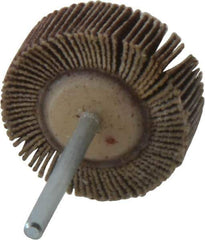 Merit Abrasives - 1-3/16" Diam x 3/8" Face Width, Fine Aluminum Oxide Coated Mounted Flap Wheel - 1/8" Shank Mount, 120 Grit, Cloth Backing, 30,000 Max RPM - Apex Tool & Supply