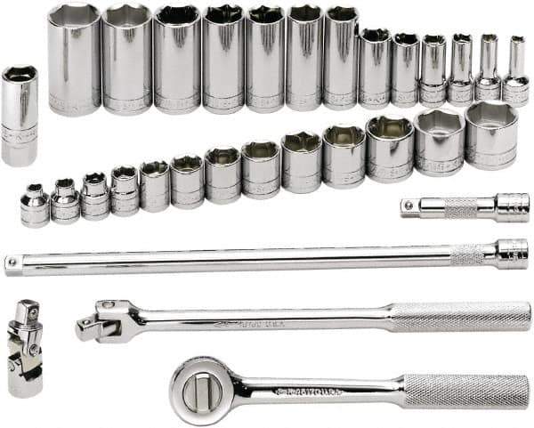 SK - 32 Piece 3/8" Drive Standard Deep Socket Set - 6 Points, 1/4 to 1", Inch Measurement Standard - Apex Tool & Supply