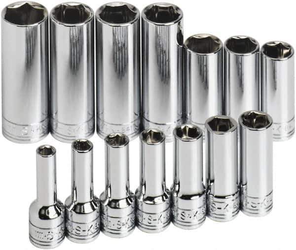 SK - 14 Piece 3/8" Drive Tethered Thin Wall Deep Socket Set - 6 Points, 6 to 19mm, Metric Measurement Standard - Apex Tool & Supply