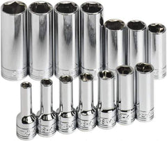 SK - 14 Piece 3/8" Drive Tethered Thin Wall Deep Socket Set - 6 Points, 6 to 19mm, Metric Measurement Standard - Apex Tool & Supply