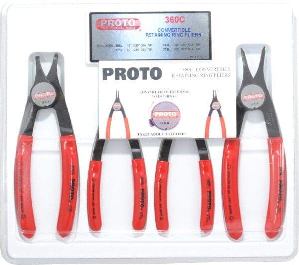 Proto - 4 Piece, 3/8 to 2" Bore, 1/4 to 2" Shaft, Convertible Retaining Ring Pliers Set - 0.038 to 0.07" Tip Diam Range - Apex Tool & Supply