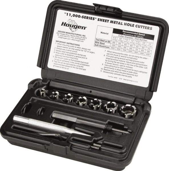 Hougen - 10 Piece, 8 to 20mm Cutter Diam, 1/4" Cutting Depth, High Speed Steel Annular Cutter Set - Bright Finish, 3/8" Shank Diam, 8, 10, 12, 14, 16, 18, 20mm Cutter Diams - Apex Tool & Supply