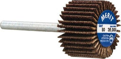 Merit Abrasives - 3/4" Diam x 1/2" Face Width, Medium Aluminum Oxide Coated Mounted Flap Wheel - 1/8" Shank Mount, 80 Grit, Cloth Backing, 35,000 Max RPM - Apex Tool & Supply