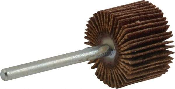 Merit Abrasives - 3/4" Diam x 1/2" Face Width, Fine Aluminum Oxide Coated Mounted Flap Wheel - 1/8" Shank Mount, 120 Grit, Cloth Backing, 35,000 Max RPM - Apex Tool & Supply