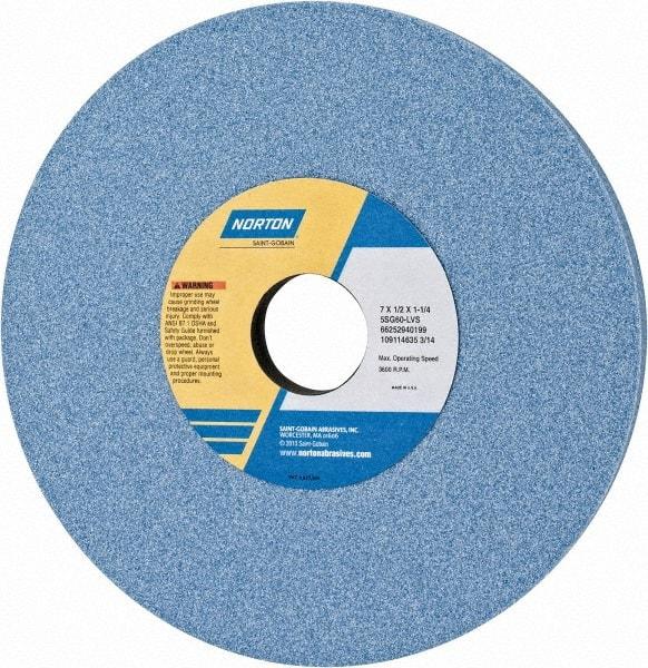 Norton - 7" Diam x 1-1/4" Hole x 1/2" Thick, L Hardness, 60 Grit Surface Grinding Wheel - Ceramic, Type 1, Medium Grade, 3,600 Max RPM, Vitrified Bond, No Recess - Apex Tool & Supply