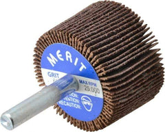 Merit Abrasives - 1-1/2" Diam x 1" Face Width, Medium Ceramic Alumina Coated Mounted Flap Wheel - 1/4" Shank Mount, 60 Grit, Cloth Backing, 25,000 Max RPM - Apex Tool & Supply