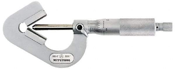 Mitutoyo - 0.05 to 0.6 Inch Measurement, 0.001 Inch Graduation, Accuracy Up to 0.0002 Inch, 3 Flutes Measured, Ratchet Stop Thimble, Mechanical V Anvil Micrometer - 6.35mm Spindle Diameter, Carbide, 23.46mm Throat Depth - Apex Tool & Supply