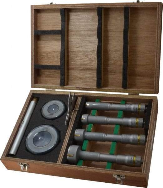 Mitutoyo - 9 Piece, 0.8 to 2", Carbide, TiN Coated, Hole Mechanical Inside Micrometer Set - 0.0002" Graduation, Ratchet Stop Thimble, Includes (2) Setting Rings, Extension & Fitted Plastic Case - Apex Tool & Supply