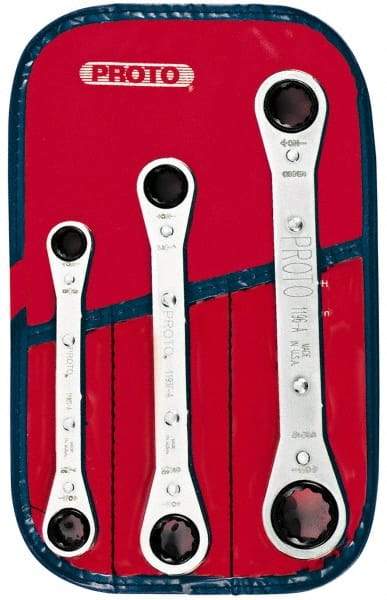 Proto - 3 Piece, 3/8" to 11/16", 12 Point Ratcheting Box Wrench Set - Inch Measurement Standard, Chrome Finish, Comes in Pouch - Apex Tool & Supply