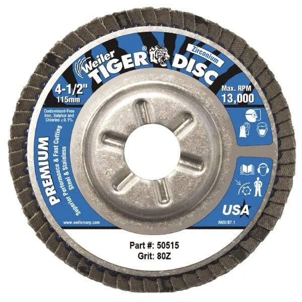 Weiler - 80 Grit, 4-1/2" Disc Diam, 7/8" Center Hole, Type 29 Zirconia Alumina Flap Disc - 13,000 Max RPM, Aluminum Backing, Arbor Attaching System, Coated - Apex Tool & Supply