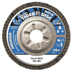 Weiler - 80 Grit, 4-1/2" Disc Diam, 7/8" Center Hole, Type 29 Zirconia Alumina Flap Disc - 13,000 Max RPM, Aluminum Backing, Arbor Attaching System, Coated - Apex Tool & Supply