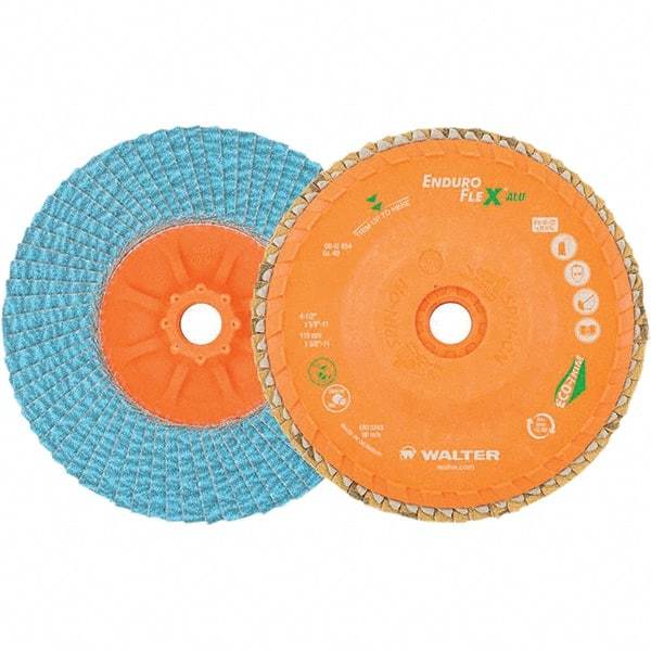 WALTER Surface Technologies - 80 Grit, 4-1/2" Disc Diam, 5/8-11 Center Hole, Type 27 Zirconia Alumina Flap Disc - 13,300 Max RPM, Polyester Backing, Arbor Attaching System, Coated - Apex Tool & Supply