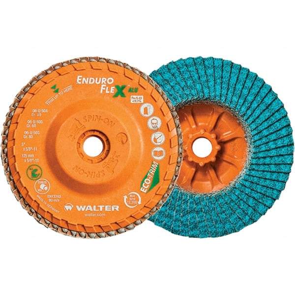 WALTER Surface Technologies - 80 Grit, 5" Disc Diam, 5/8-11 Center Hole, Type 27 Zirconia Alumina Flap Disc - 12,200 Max RPM, Polyester Backing, Arbor Attaching System, Coated - Apex Tool & Supply