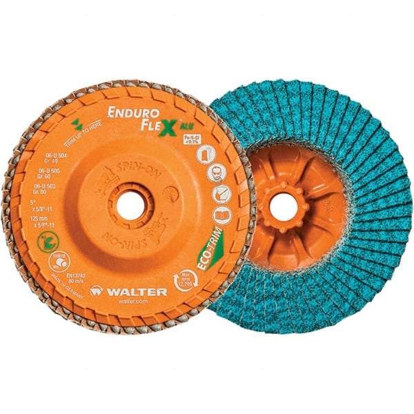 WALTER Surface Technologies - 60 Grit, 5" Disc Diam, 5/8-11 Center Hole, Type 27 Zirconia Alumina Flap Disc - 12,200 Max RPM, Polyester Backing, Arbor Attaching System, Coated - Apex Tool & Supply