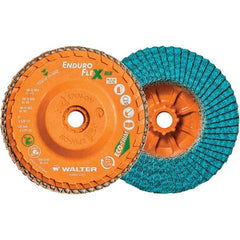 WALTER Surface Technologies - 60 Grit, 5" Disc Diam, 5/8-11 Center Hole, Type 27 Zirconia Alumina Flap Disc - 12,200 Max RPM, Polyester Backing, Arbor Attaching System, Coated - Apex Tool & Supply