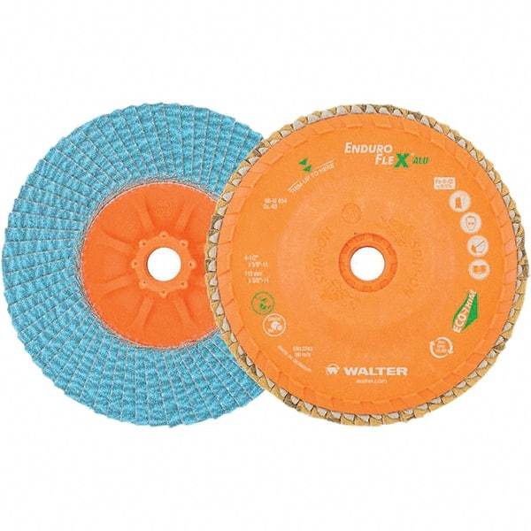 WALTER Surface Technologies - 40 Grit, 6" Disc Diam, 5/8-11 Center Hole, Type 27 Zirconia Alumina Flap Disc - 10,200 Max RPM, Polyester Backing, Arbor Attaching System, Coated - Apex Tool & Supply