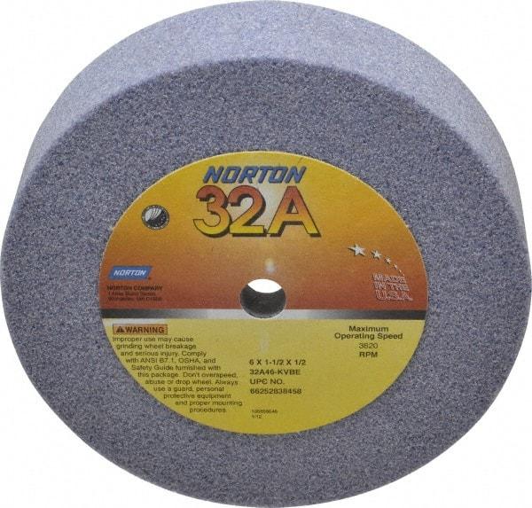 Norton - 6" Diam, 1/2" Hole Size, 1-1/2" Overall Thickness, 46 Grit, Type 6 Tool & Cutter Grinding Wheel - Coarse Grade, Aluminum Oxide, K Hardness, Vitrified Bond, 3,820 RPM - Apex Tool & Supply
