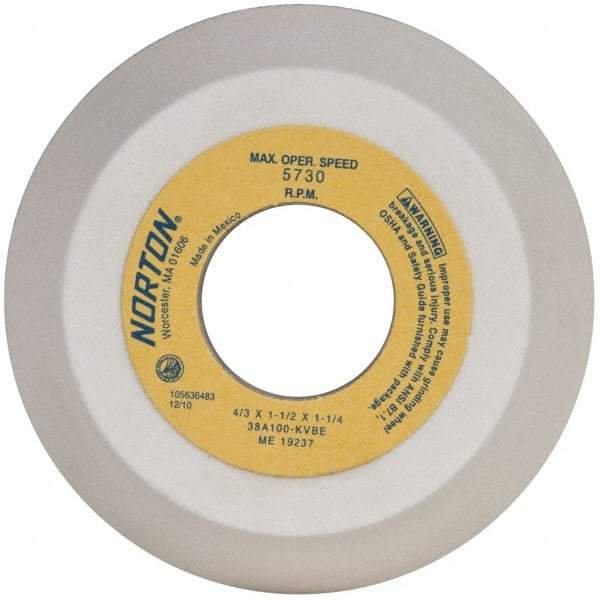 Norton - 4" Diam, 1-1/4" Hole Size, 1-1/2" Overall Thickness, 100 Grit, Type 11 Tool & Cutter Grinding Wheel - Fine Grade, Aluminum Oxide, K Hardness, Vitrified Bond, 5,730 RPM - Apex Tool & Supply