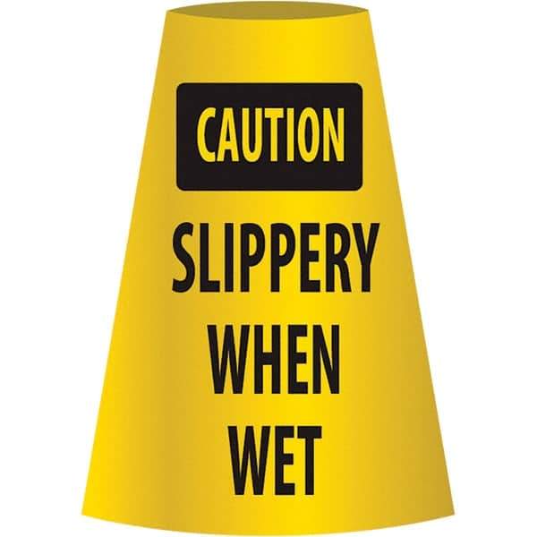 NMC - Caution - Slippery When Wet, 21-3/4" Wide x 11" High, Polyethylene Floor Sign - Cone, Black on Yellow, For Restroom, Janitorial & Housekeeping - Apex Tool & Supply