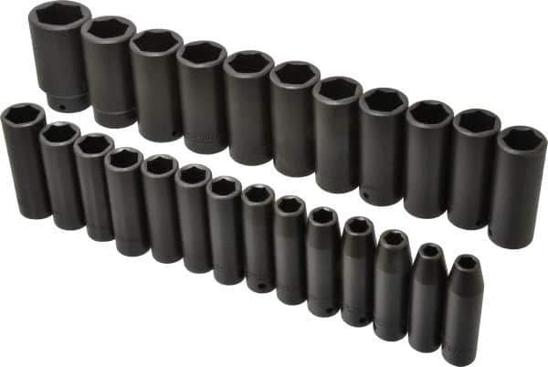 Proto - 25 Piece 1/2" Drive Deep Well Impact Socket Set - 6 Points, 8mm to 36mm Range, Metric Measurement Standard - Apex Tool & Supply