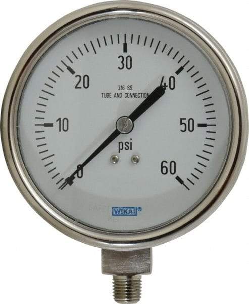 Wika - 4" Dial, 1/4 Thread, 0-60 Scale Range, Pressure Gauge - Lower Connection Mount, Accurate to 1% of Scale - Apex Tool & Supply
