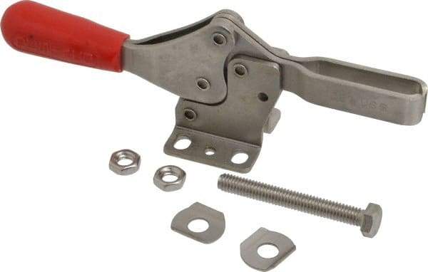De-Sta-Co - 600 Lb Holding Capacity, Horizontal Handle, Manual Hold Down Toggle Clamp - 56° Handle Movement, 91° Bar Opening, U-Bar, Flanged Base, Electro-Plated Zinc, Stainless Steel - Apex Tool & Supply