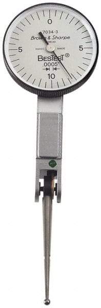 TESA Brown & Sharpe - 0.02 Inch Range, 0.0005 Inch Dial Graduation, Horizontal Dial Test Indicator - 1-1/2 Inch White Dial, 0-10-0 Dial Reading, Accurate to 0.0005 Inch - Apex Tool & Supply