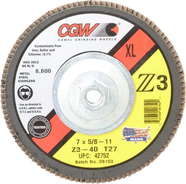Camel Grinding Wheels - 40 Grit, 7" Disc Diam, 5/8-11 Center Hole, Type 27 Zirconia Alumina Flap Disc - 8,600 Max RPM, Poly Cotton Backing, Arbor Attaching System, Coated - Apex Tool & Supply