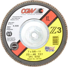 Camel Grinding Wheels - 40 Grit, 7" Disc Diam, 5/8-11 Center Hole, Type 27 Zirconia Alumina Flap Disc - 8,600 Max RPM, Poly Cotton Backing, Arbor Attaching System, Coated - Apex Tool & Supply