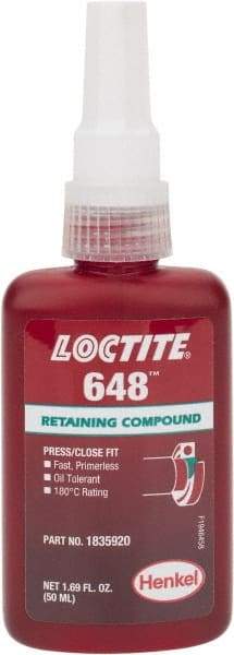 Loctite - 50 mL Bottle, Green, High Strength Liquid Retaining Compound - Series 648, 24 hr Full Cure Time, Heat Removal - Apex Tool & Supply