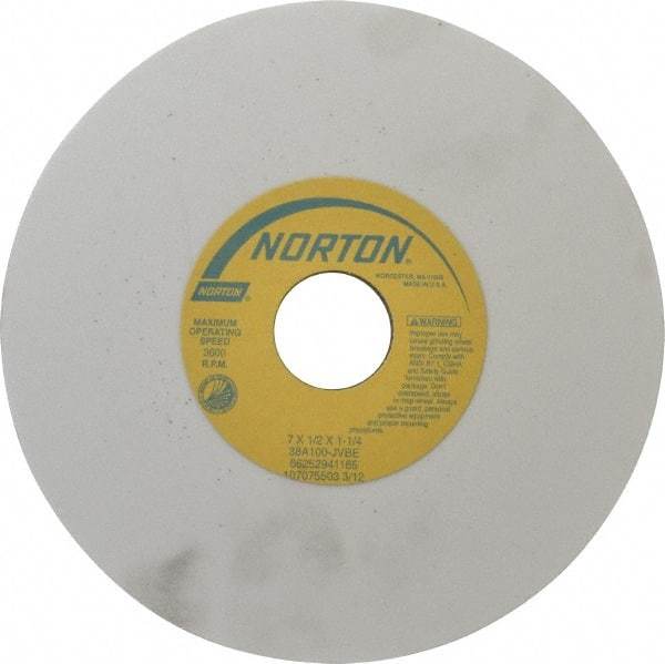 Norton - 7" Diam x 1-1/4" Hole x 1/2" Thick, J Hardness, 100 Grit Surface Grinding Wheel - Aluminum Oxide, Type 1, Fine Grade, 3,600 Max RPM, Vitrified Bond, No Recess - Apex Tool & Supply
