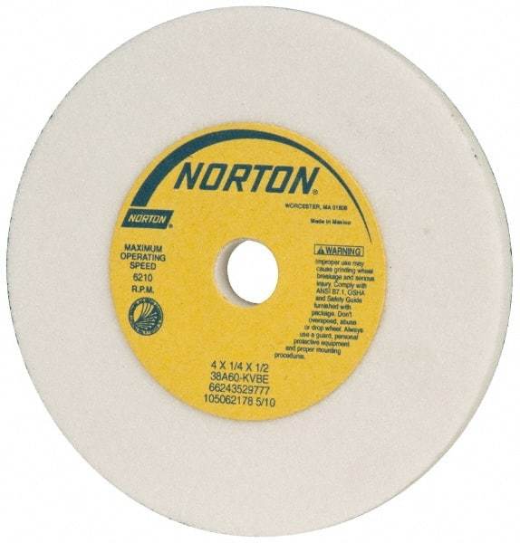 Norton - 60 Grit Aluminum Oxide Type 1 Internal Grinding Wheel - 4" Diam x 1/2" Hole x 1/4" Thick, 6,210 Max RPM, Type 1 Medium Grade, K Hardness, Vitrified Bond, One-Side Recess - Apex Tool & Supply